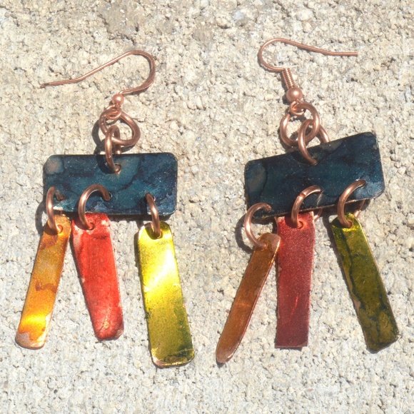 Modernist Hand Painted Colorful Solid Pure Copper Handmade Earrings Dangle Drop - Picture 3 of 5